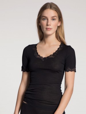 Ropa De Casa Calida Richesse Lace Shirt Short Sleeve Mujer Ws Schwarz | 3507VJCRS