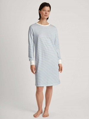 Ropa De Dormir Calida Cotton Stripes Long-sleeved Nightdress, Length 100 Cm Mujer Endless Sky | 2718CPWZK