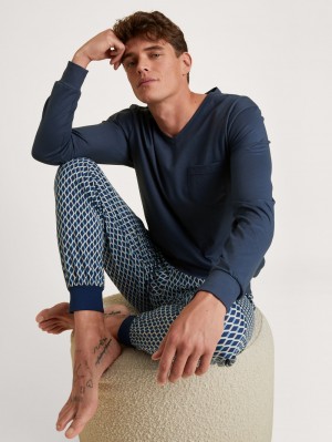 Ropa De Dormir Calida Relax Imprint 3 Pyjama With Cuff Hombre Azules | 9402GQBTA