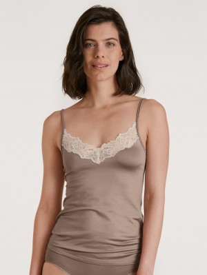 Ropa Interior Calida Glamorous Lace Spaghetti Top Mujer Etherea Taupe | 0896KRFBA